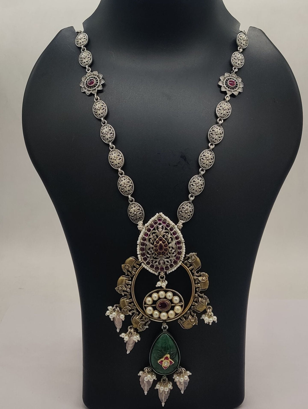 92.5 Oxidized Silver Raktaphool Kundan Charm Necklace | SHOBITAM