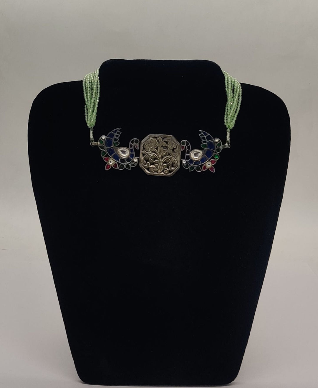 92.5 Oxidized Silver Harit Vihang Peridot Choker | SHOBITAM