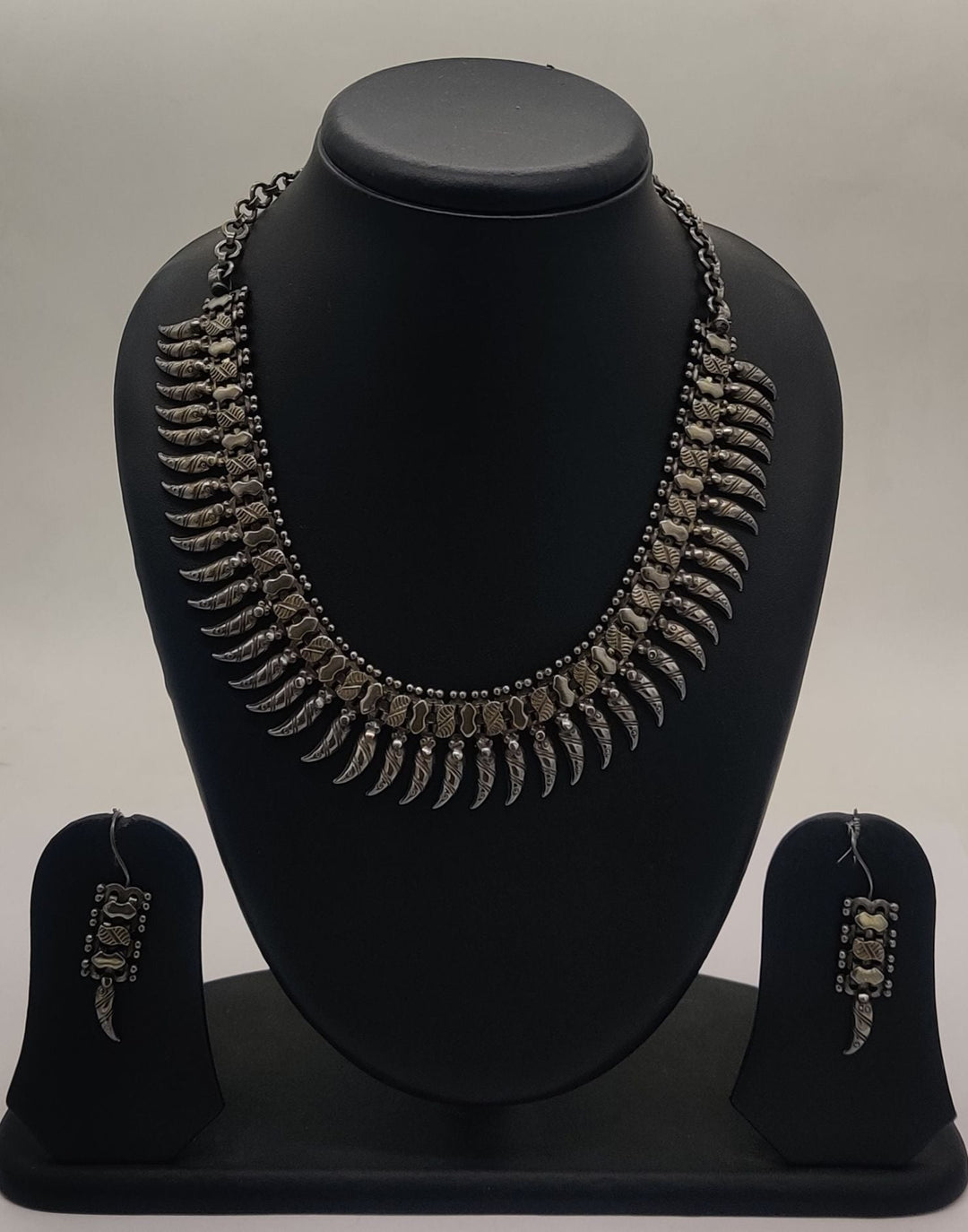92.5 Oxidized Silver Ahalya Tribal Feather Necklace Set | SHOBITAM
