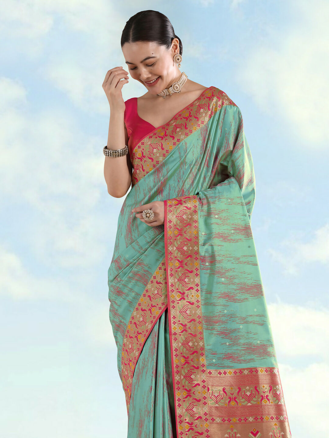 Sky blue Color Semi Banarasi Tissue Silk Paithani Woven Saree | SHOBITAM