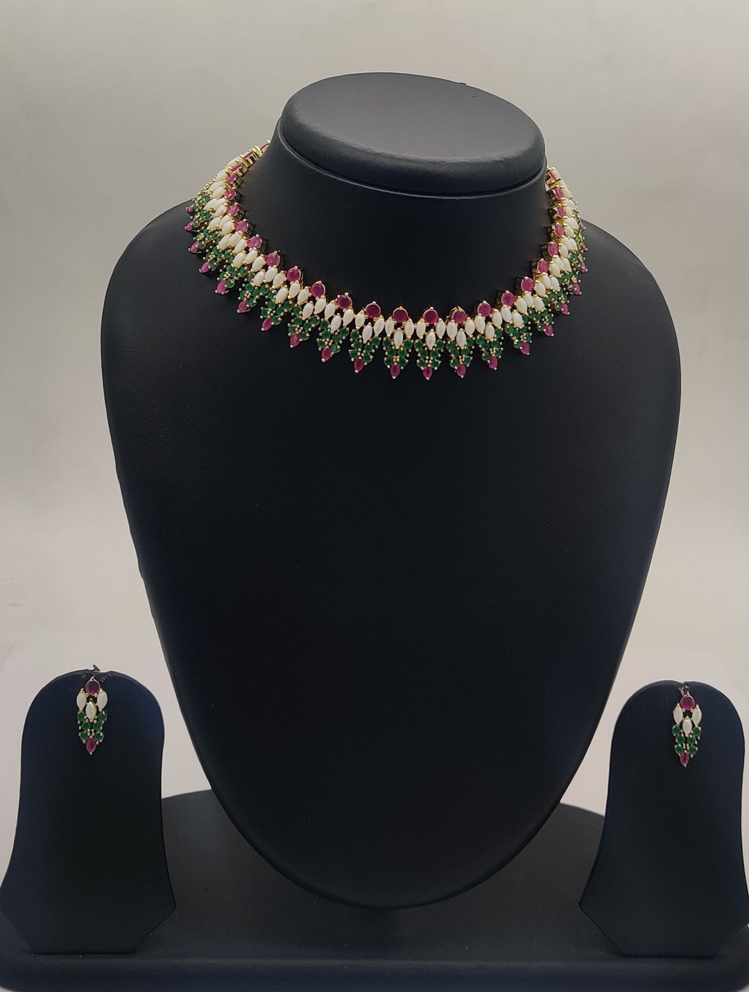 Handcrafted Natural pearl Necklace With pink and Green stones | SHOBITAM