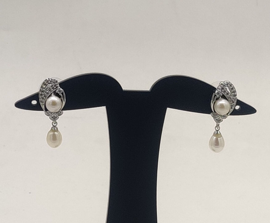 Sparkling Stud Earrings with Double Pearl Drops | SHOBITAM