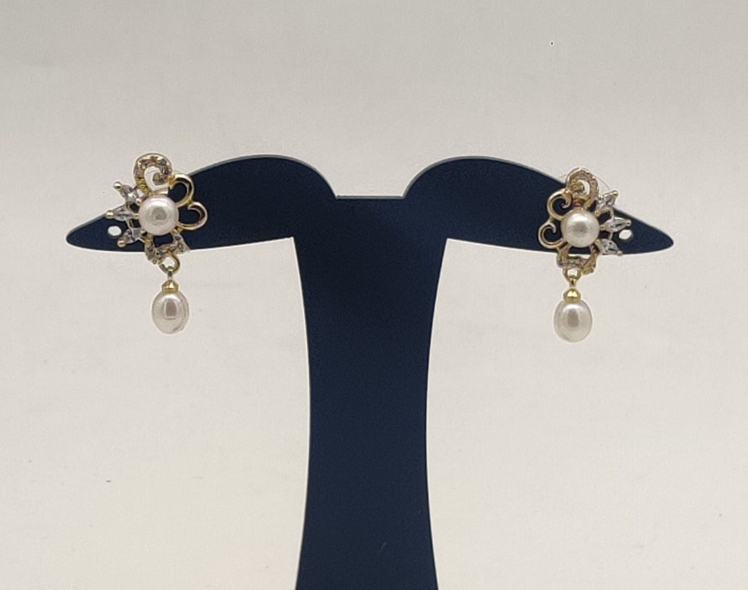 Ornate Gold-Toned Pearl Drop Earrings | SHOBITAM