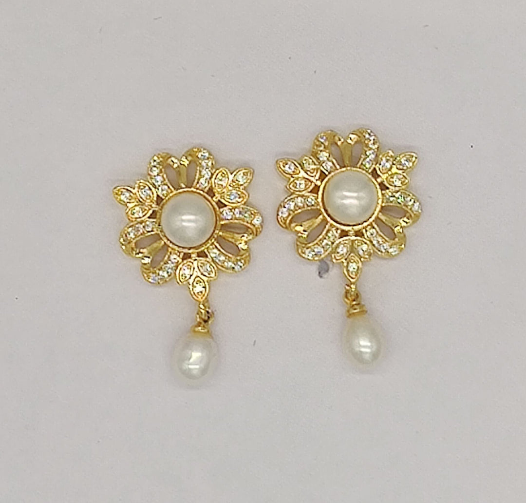 Gold-Plated Floral Earrings with Pearl Drop | SHOBITAM