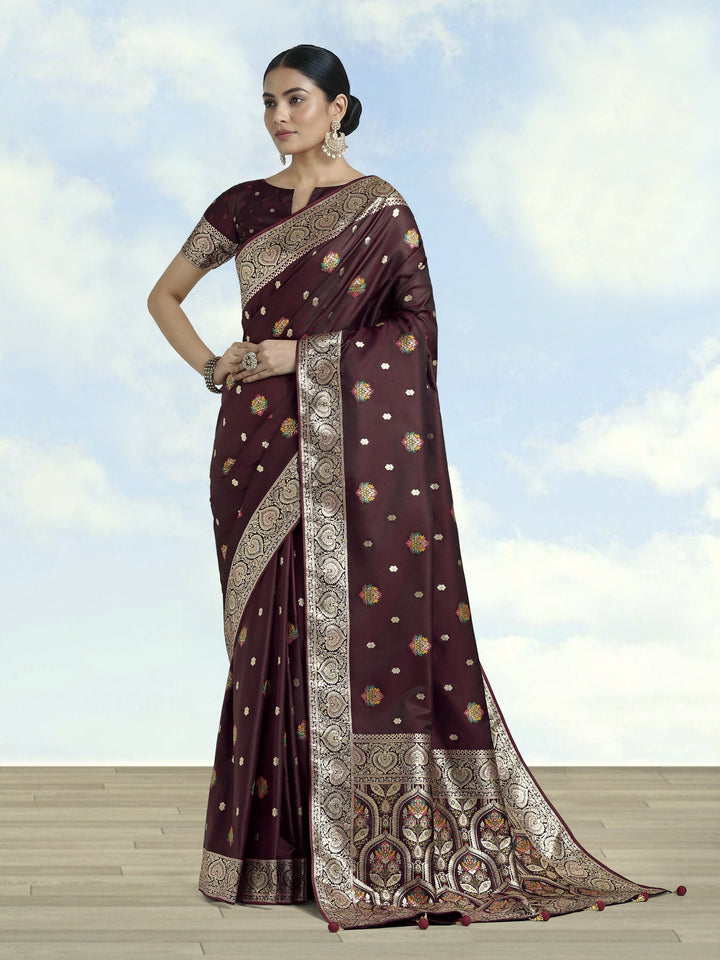 Maroon Banarasi Zari Woven Satin Silk Saree | SHOBITAM