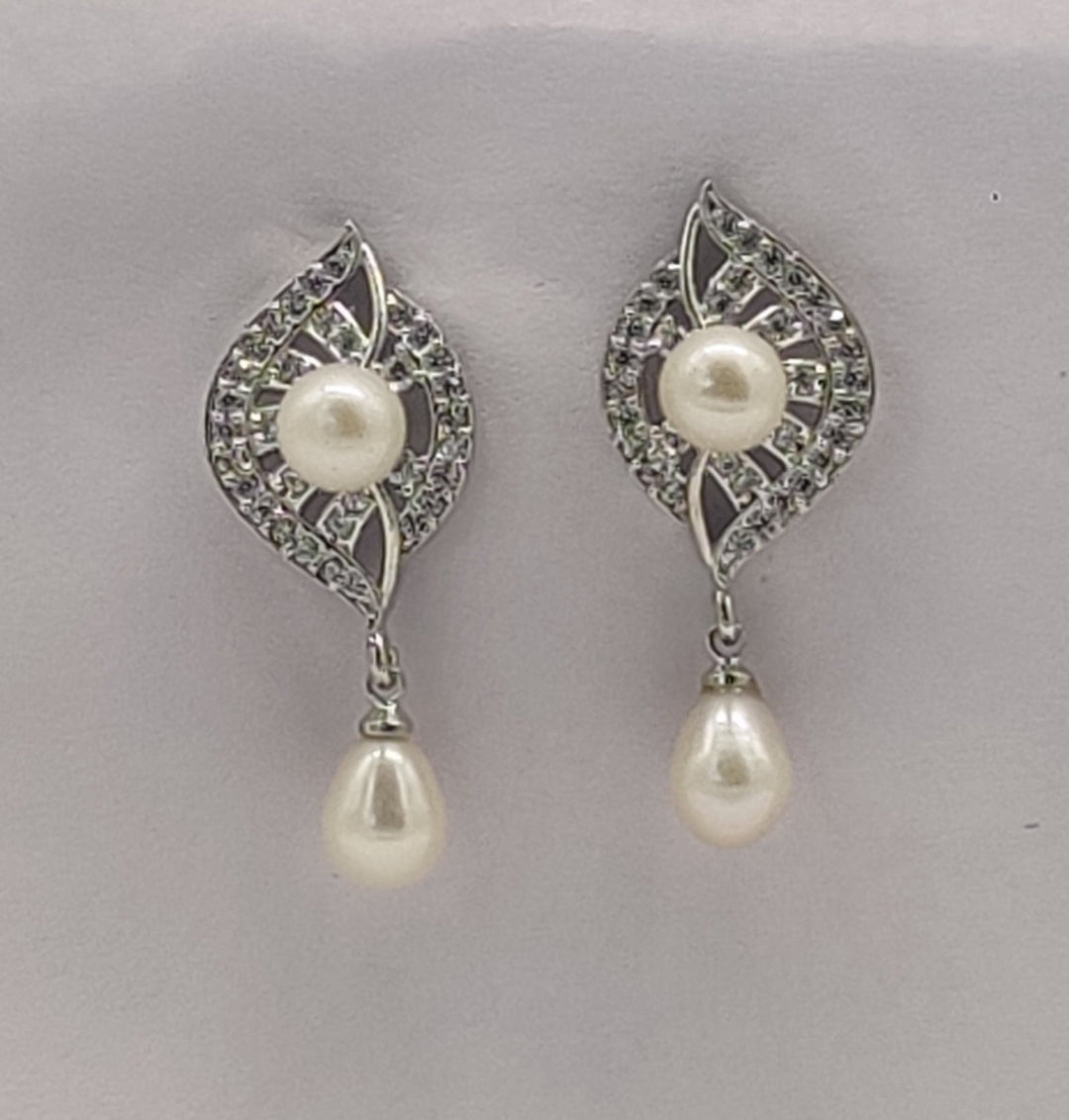 Pave Leaf Pearl Drop Earrings | SHOBITAM