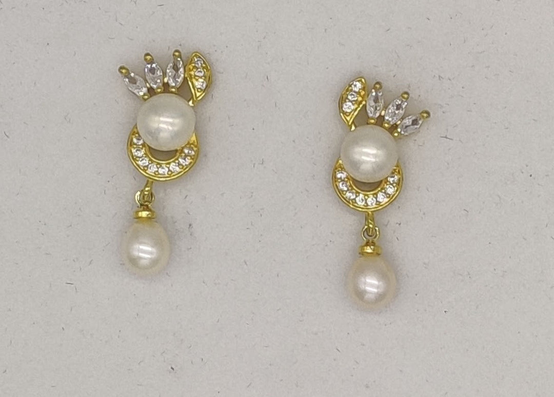 Crescent CZ Pearl Drop Earrings | SHOBITAM