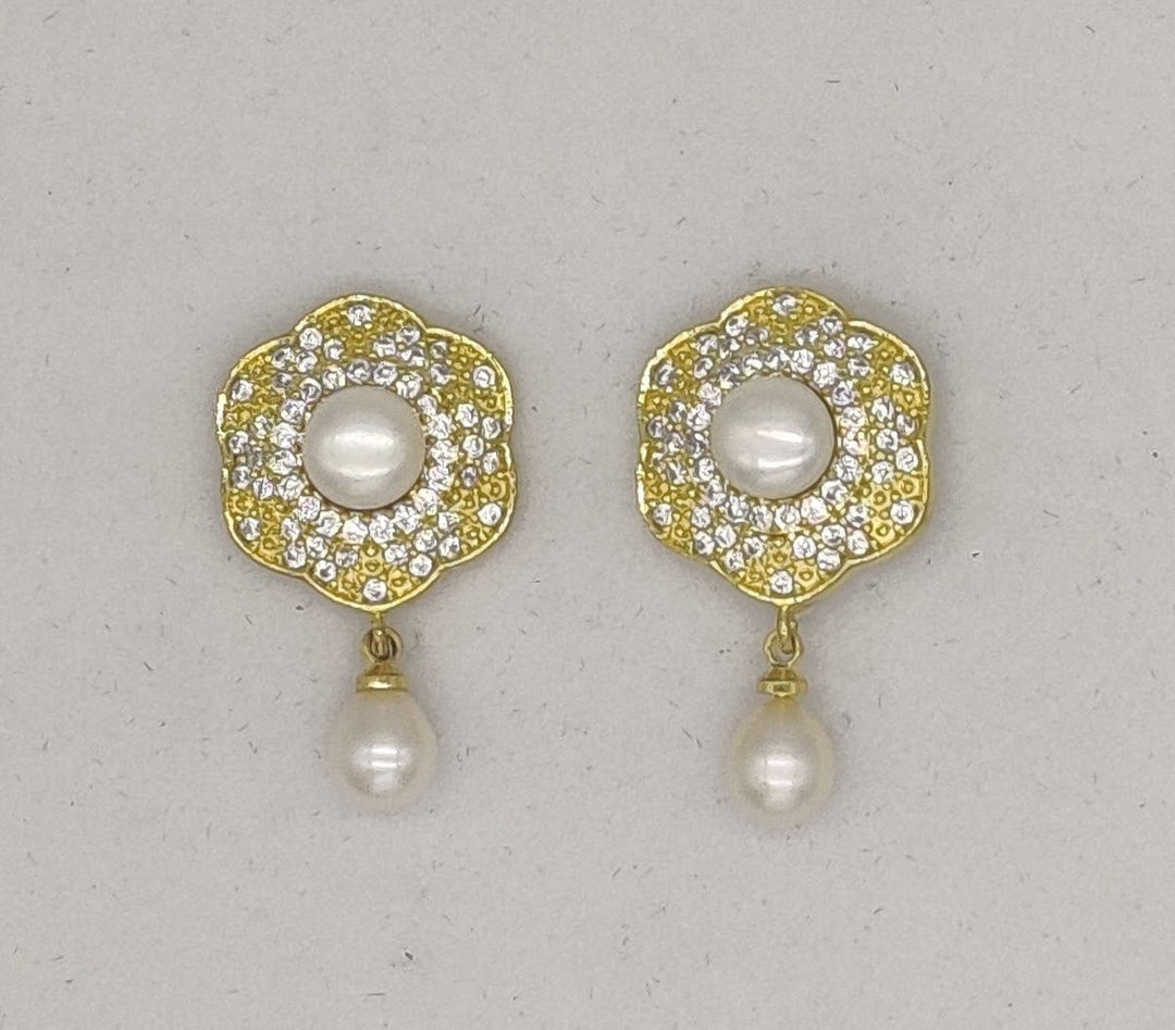 Gold-Toned Floral Pearl Dangle Earrings | SHOBITAM