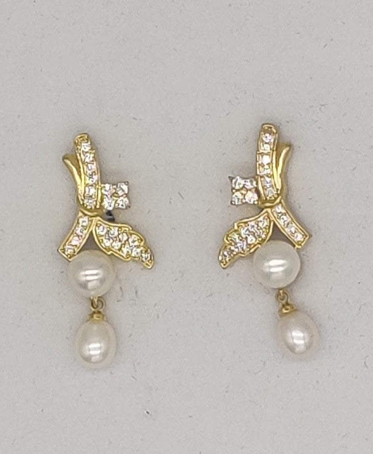 Dual Pearl Drop Ribbon-Inspired Earrings | SHOBITAM