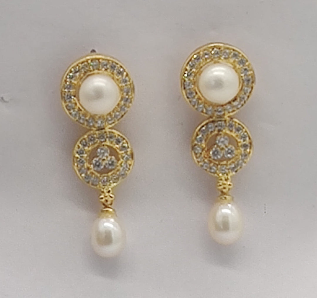American Diamond Pearl Drop Earrings in Gold Setting | SHOBITAM