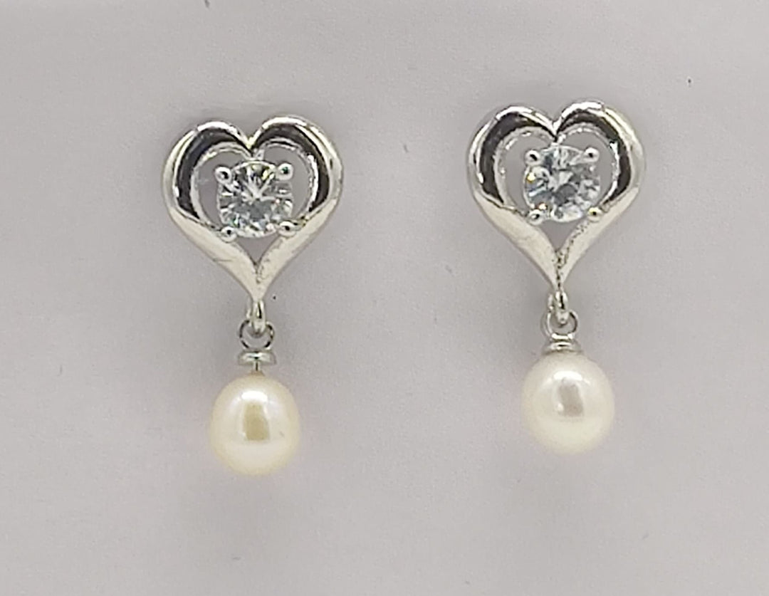 White Alloy Heart Earrings with CZ Freshwater Pearl