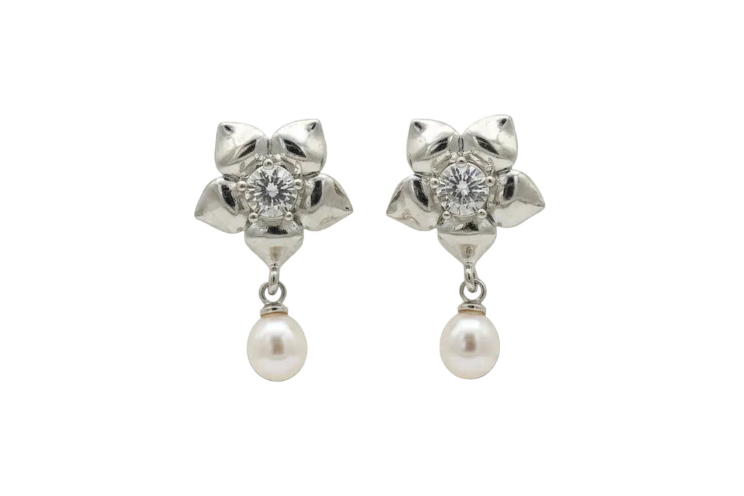 Floral Pearl Stud Earrings in Silver Tone | Shobitam