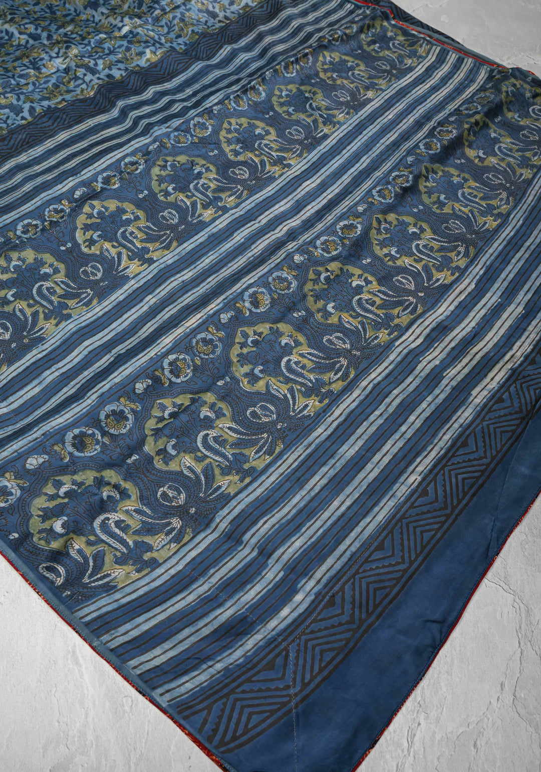 Vanaspati Hand Block Print on Modal Silk Saree in Blue with Block Print Border
