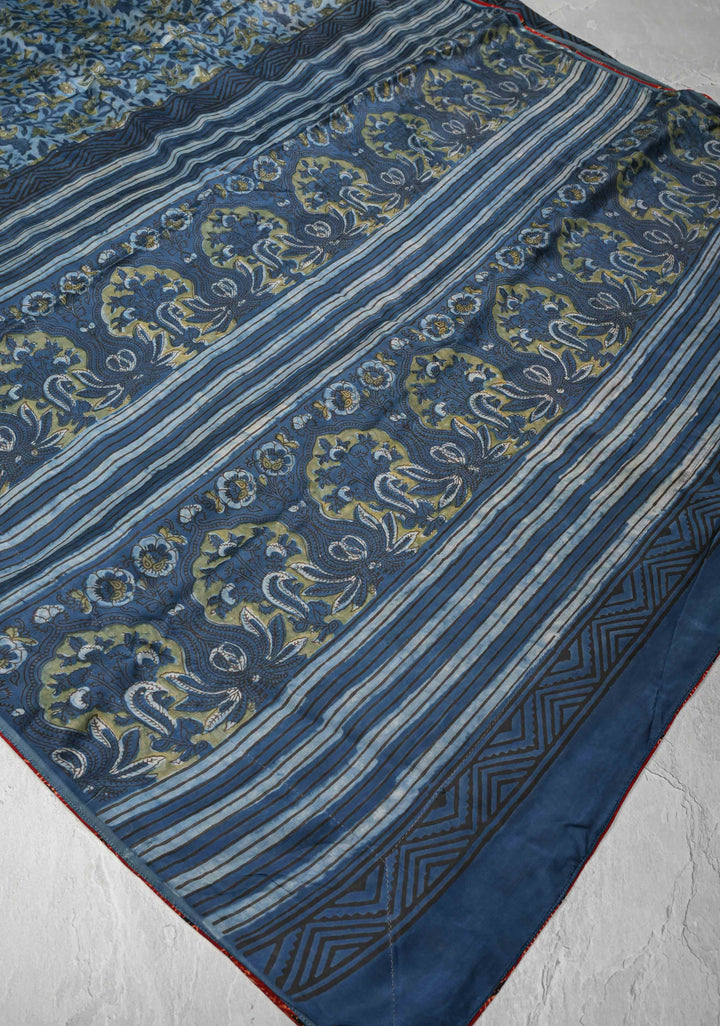 Vanaspati Hand Block Print on Modal Silk Saree in Blue with Block Print Border