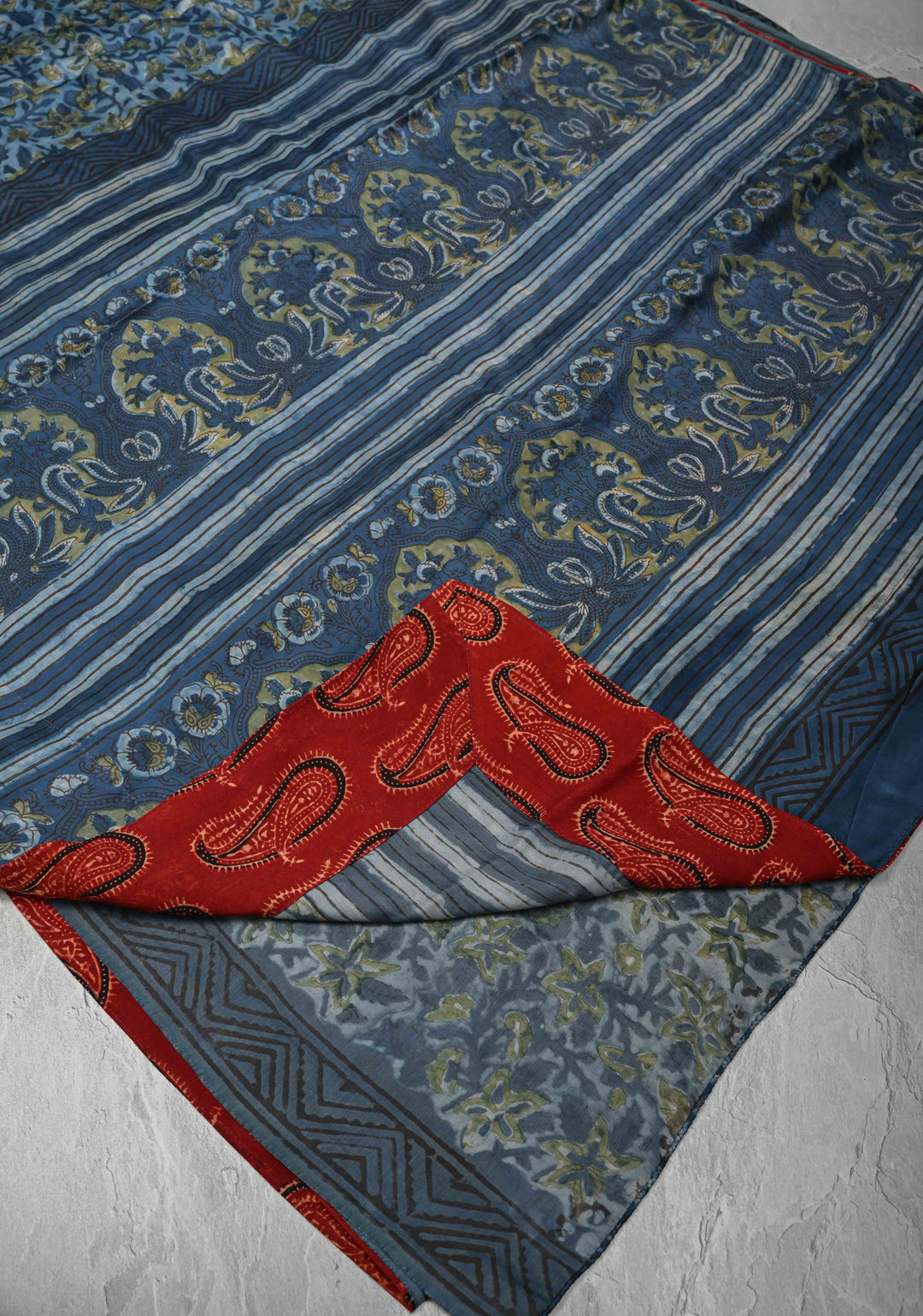 Vanaspati Hand Block Print on Modal Silk Saree in Blue with Block Print Border