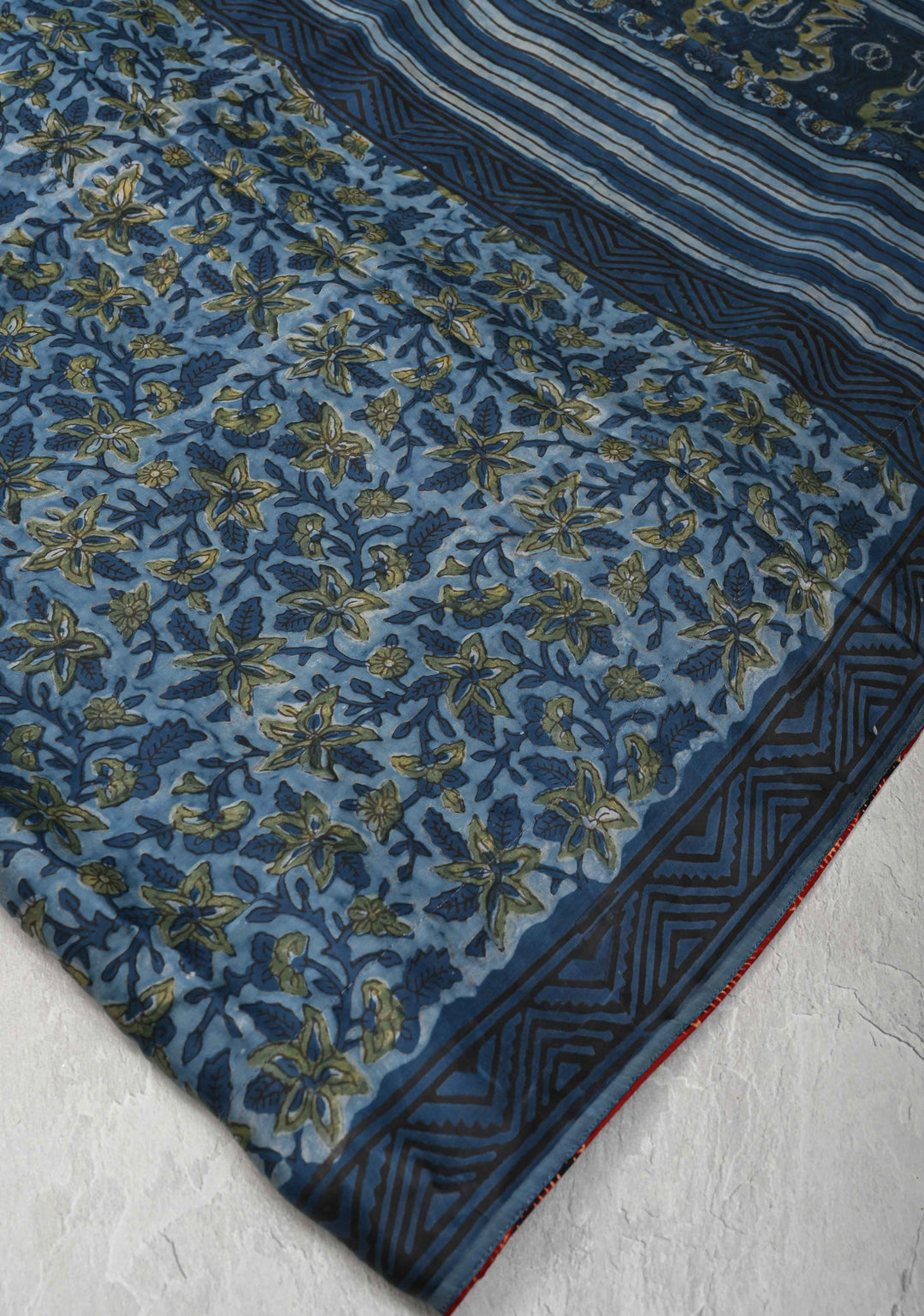 Vanaspati Hand Block Print on Modal Silk Saree in Blue with Block Print Border