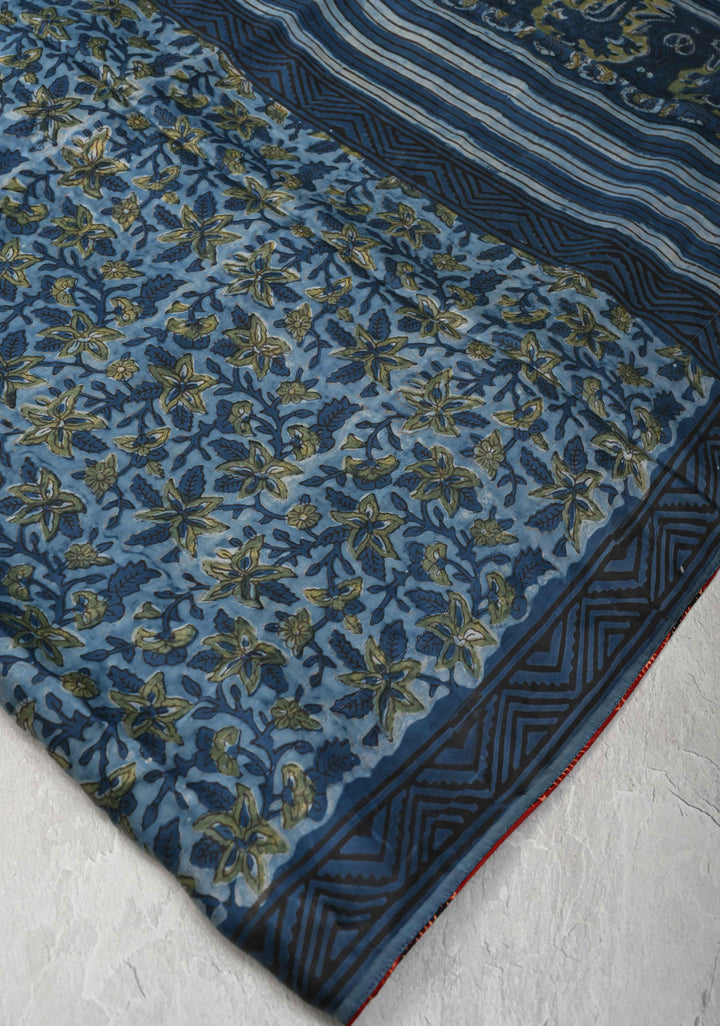 Vanaspati Hand Block Print on Modal Silk Saree in Blue with Block Print Border