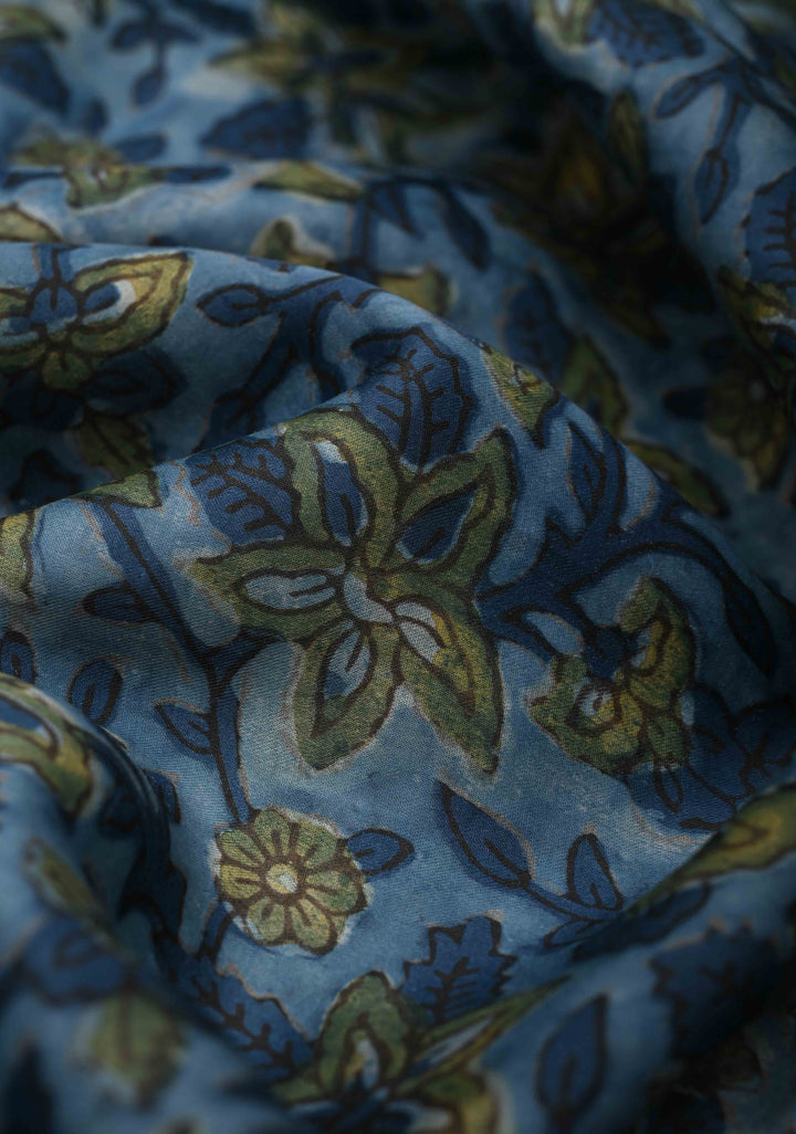 Vanaspati Hand Block Print on Modal Silk Saree in Blue with Block Print Border