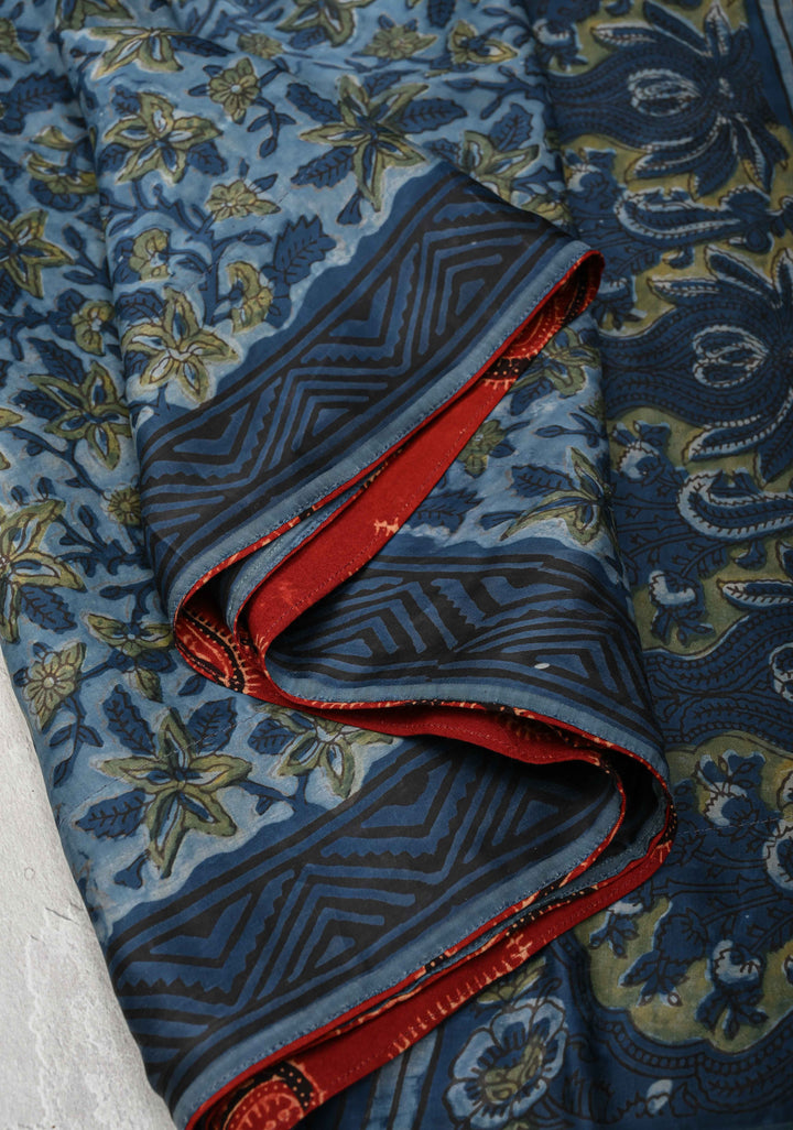 Vanaspati Hand Block Print on Modal Silk Saree in Blue with Block Print Border