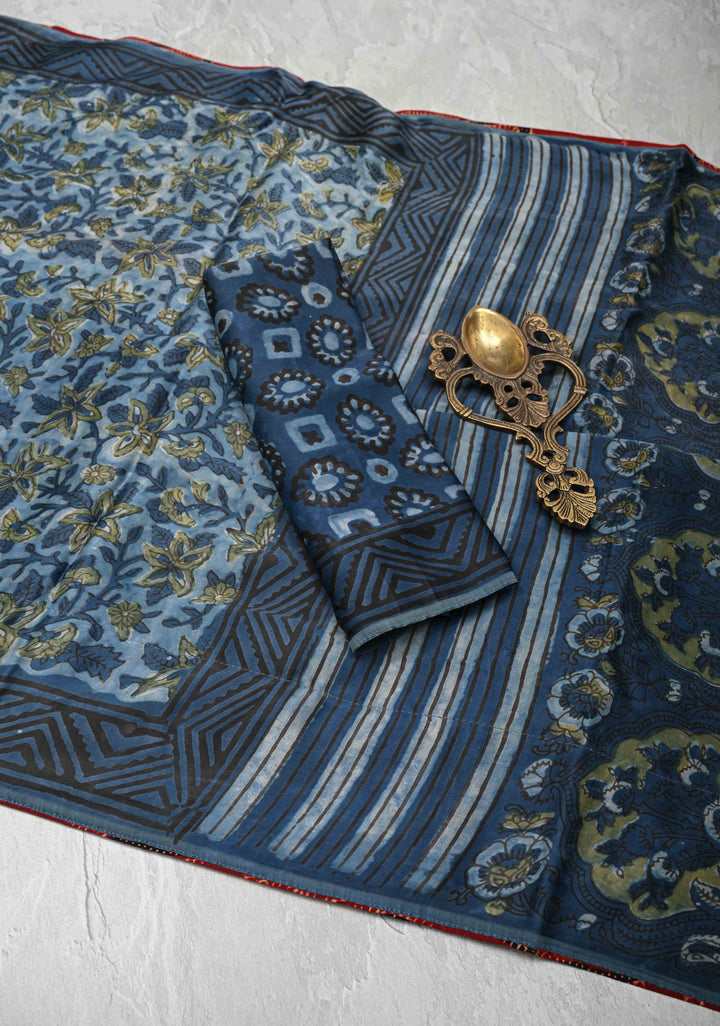 Vanaspati Hand Block Print on Modal Silk Saree in Blue with Block Print Border