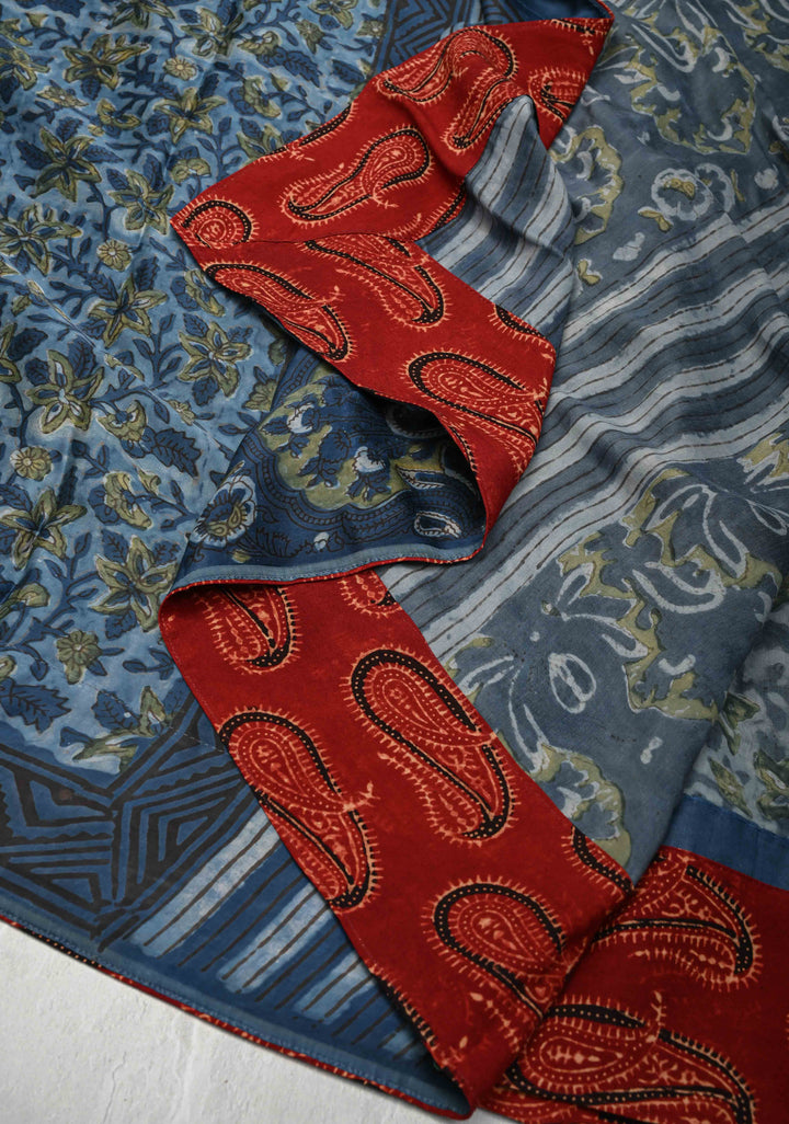 Vanaspati Hand Block Print on Modal Silk Saree in Blue with Block Print Border