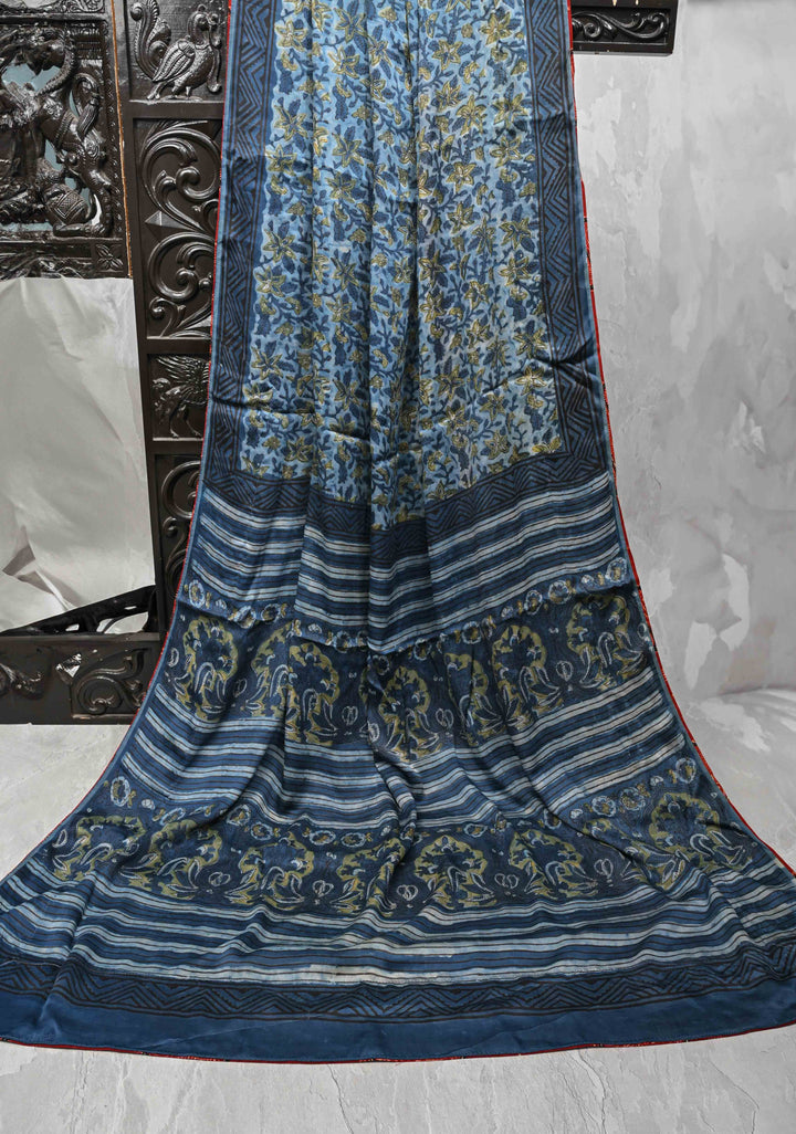 Vanaspati Hand Block Print on Modal Silk Saree in Blue with Block Print Border