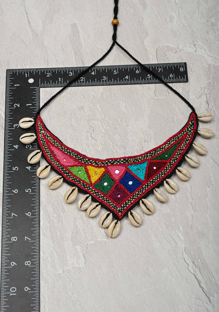 Kutchi Multicolor Hand Embroidery Neckpeice with Mirror work and Cowry Shells Dangles