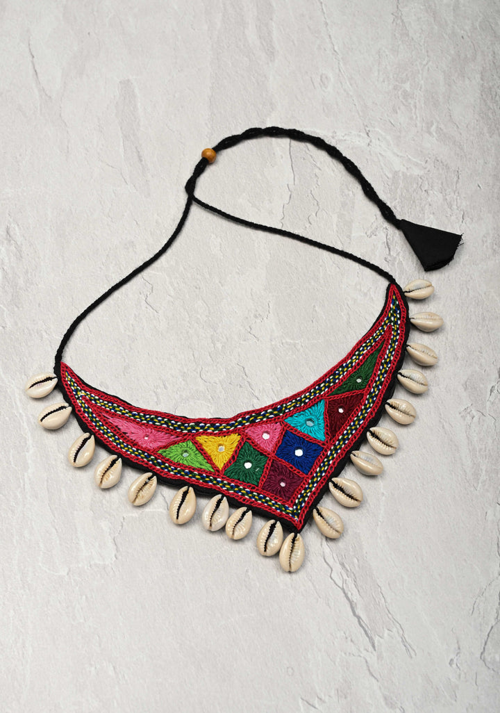 Kutchi Multicolor Hand Embroidery Neckpeice with Mirror work and Cowry Shells Dangles