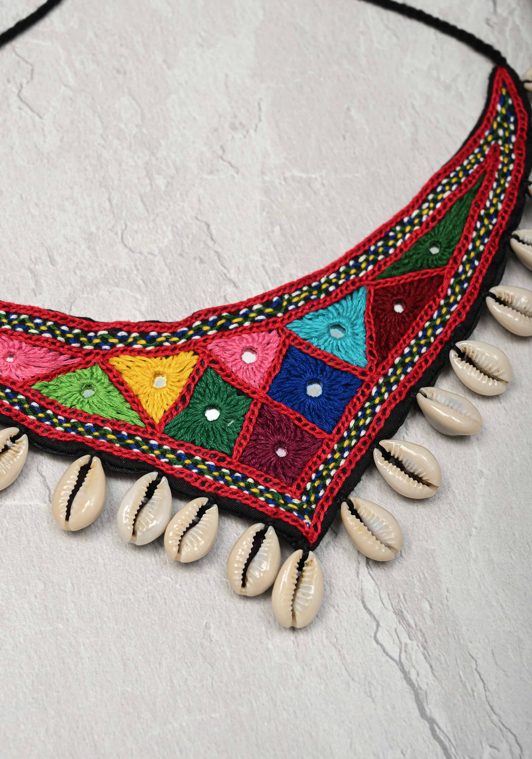 Kutchi Multicolor Hand Embroidery Neckpeice with Mirror work and Cowry Shells Dangles