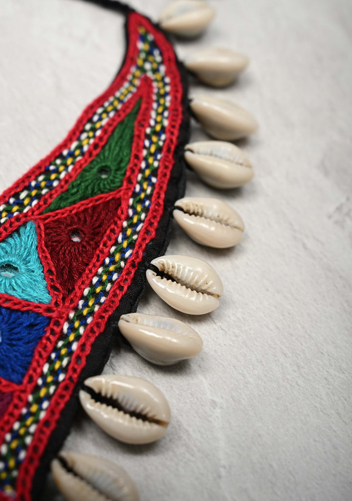 Kutchi Multicolor Hand Embroidery Neckpeice with Mirror work and Cowry Shells Dangles