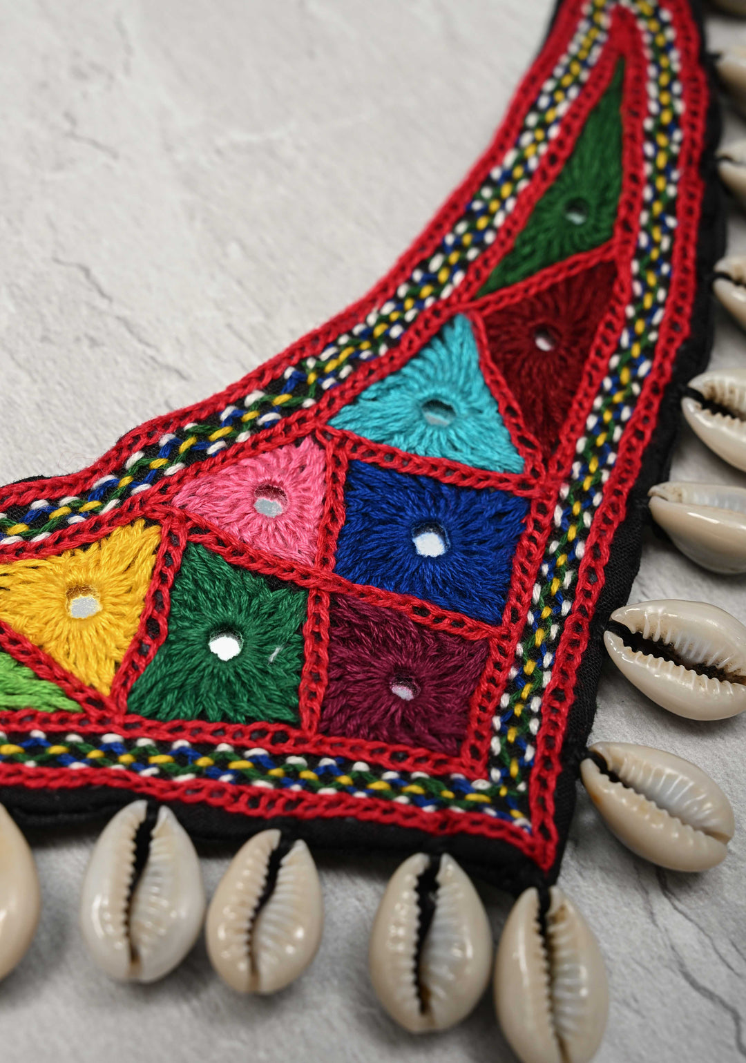 Kutchi Multicolor Hand Embroidery Neckpeice with Mirror work and Cowry Shells Dangles