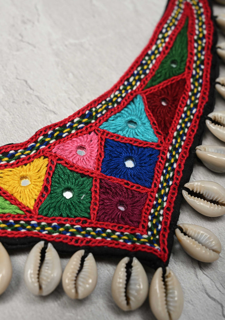 Kutchi Multicolor Hand Embroidery Neckpeice with Mirror work and Cowry Shells Dangles