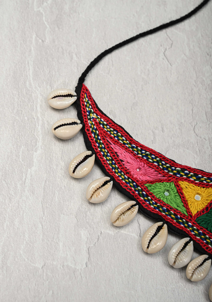Kutchi Multicolor Hand Embroidery Neckpeice with Mirror work and Cowry Shells Dangles