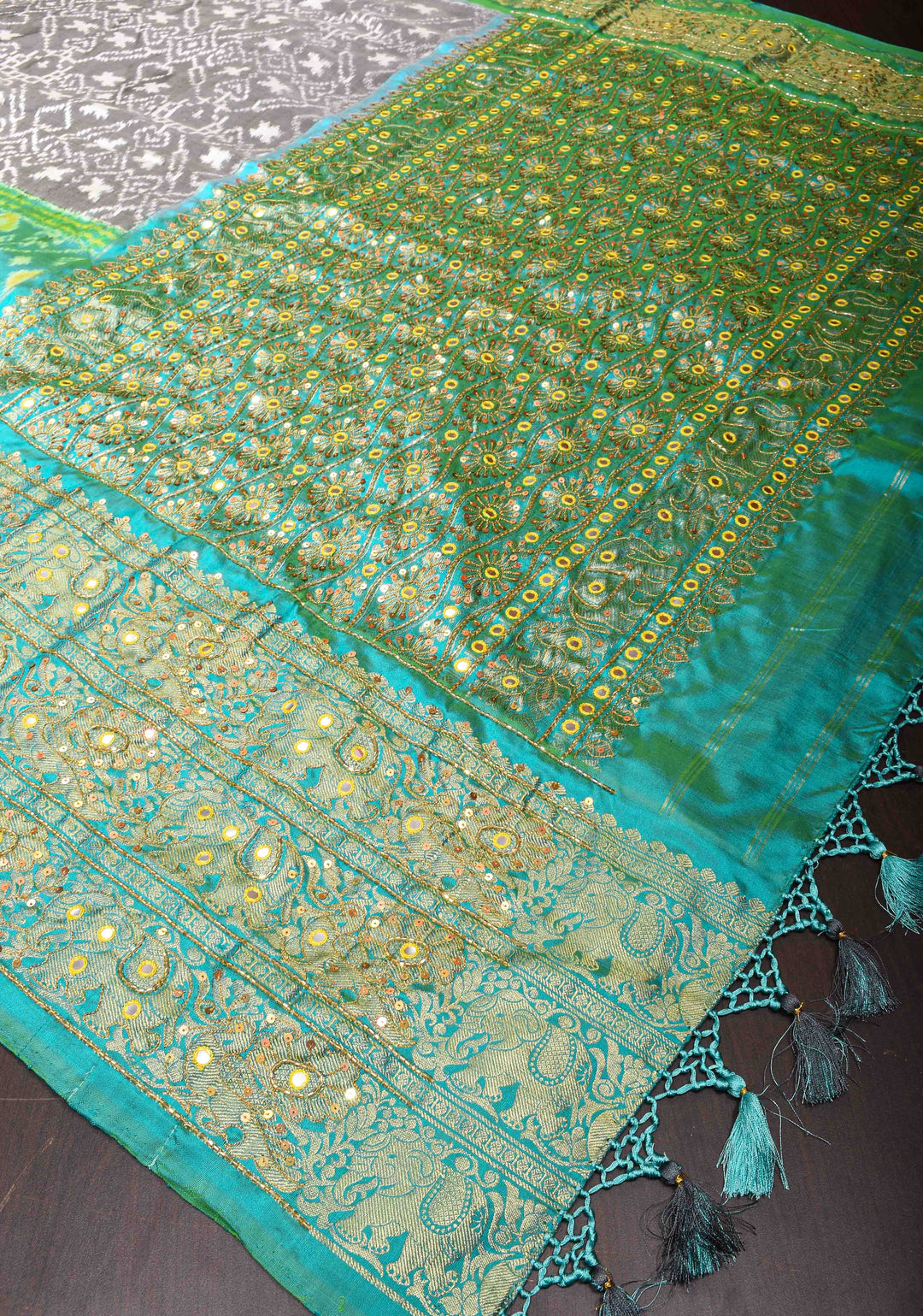 Gray Ikkat Kanjivaram Fusion Saree with Sequins, Cutdana and Hand Embroidery  | SILK MARK CERTIFIED