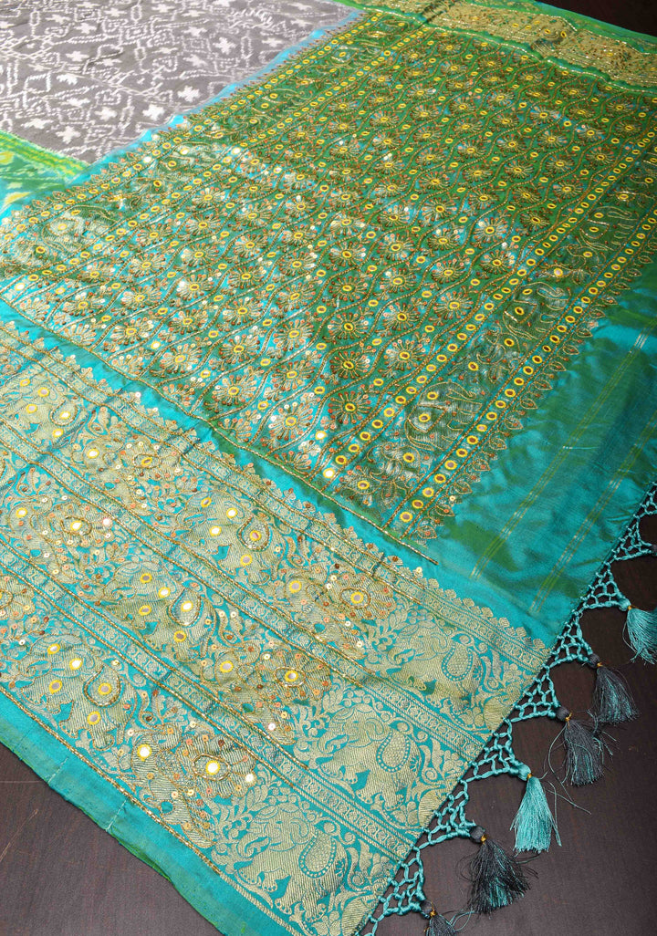 Gray Ikkat Kanjivaram Fusion Saree with Sequins, Cutdana and Hand Embroidery  | SILK MARK CERTIFIED