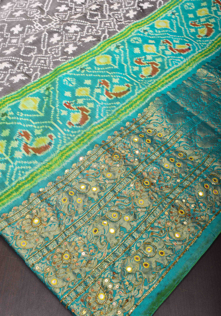 Gray Ikkat Kanjivaram Fusion Saree with Sequins, Cutdana and Hand Embroidery  | SILK MARK CERTIFIED