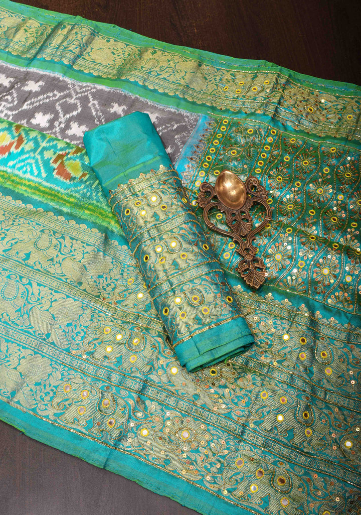 Gray Ikkat Kanjivaram Fusion Saree with Sequins, Cutdana and Hand Embroidery  | SILK MARK CERTIFIED