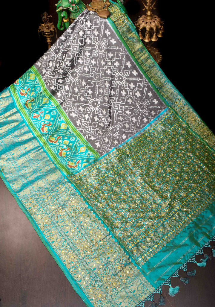 Gray Ikkat Kanjivaram Fusion Saree with Sequins, Cutdana and Hand Embroidery  | SILK MARK CERTIFIED