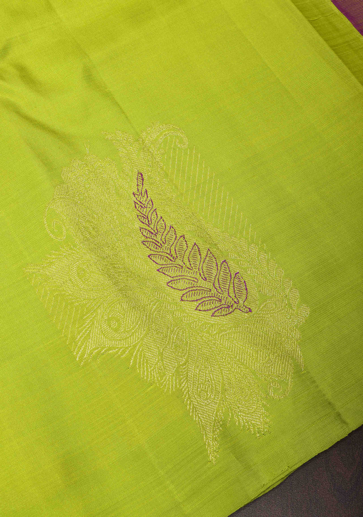 Lime Green Borderless Kanjivaram Silk Saree with Paisley Meenakari  buttas and Contrast Pallu | SILK MARK CERTIFIED