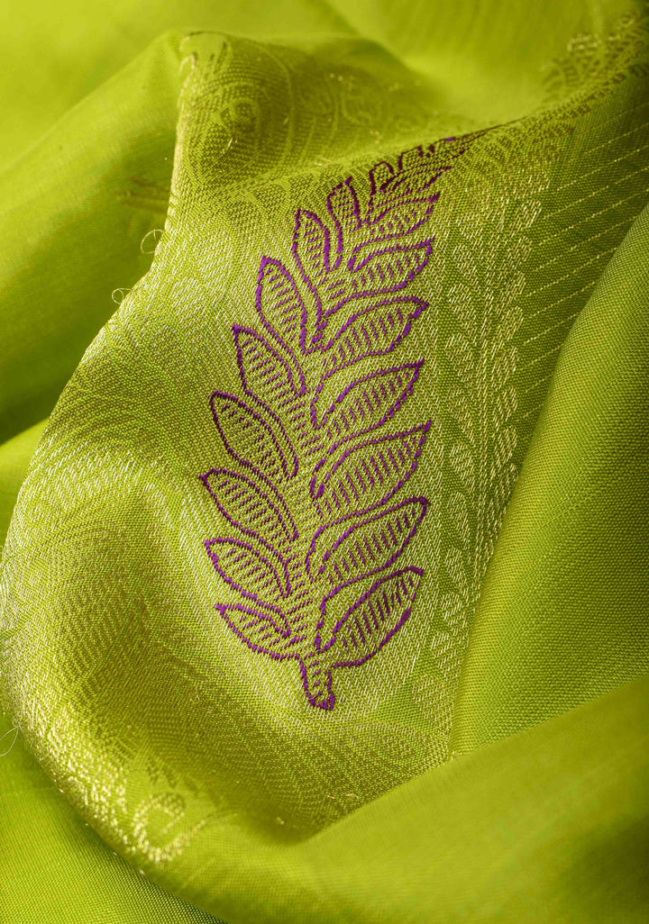 Lime Green Borderless Kanjivaram Silk Saree with Paisley Meenakari  buttas and Contrast Pallu | SILK MARK CERTIFIED