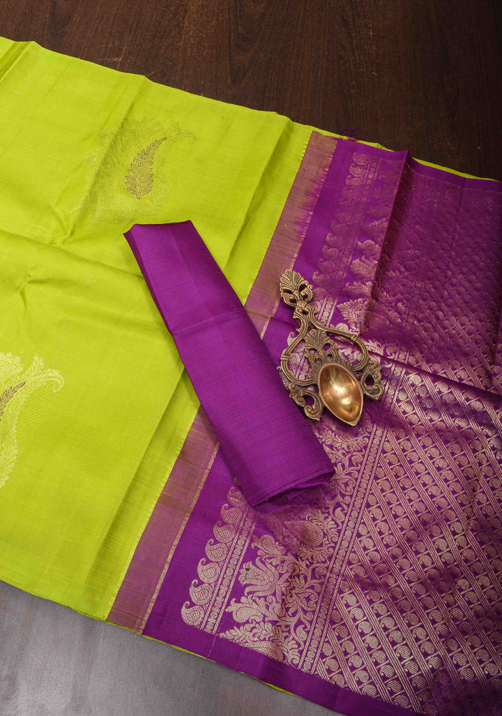 Lime Green Borderless Kanjivaram Silk Saree with Paisley Meenakari  buttas and Contrast Pallu | SILK MARK CERTIFIED