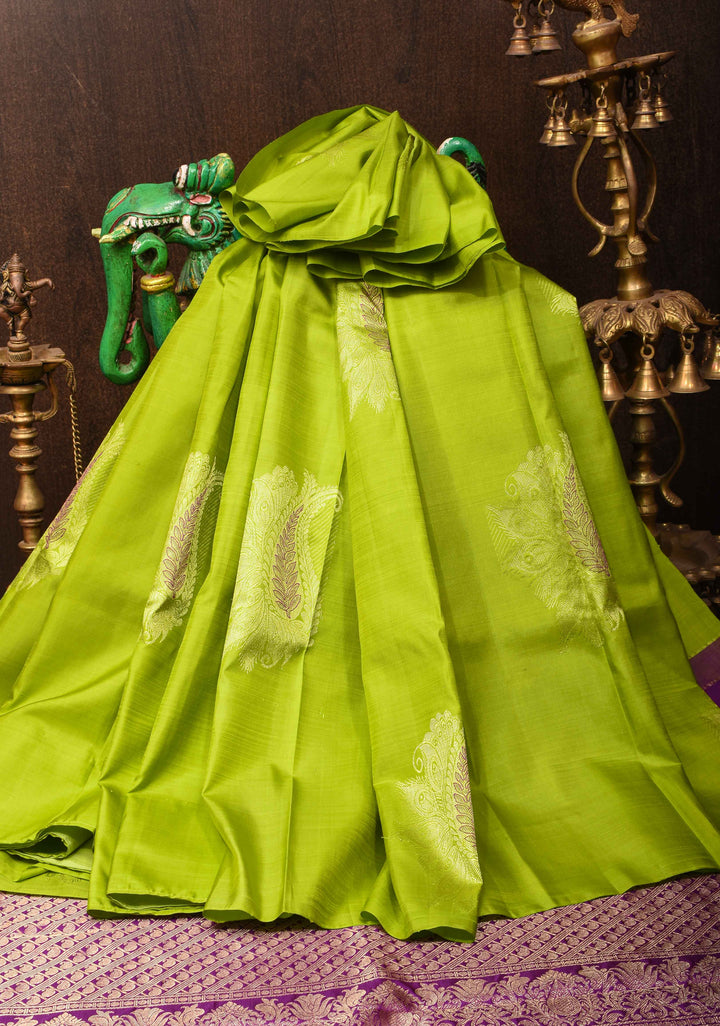 Lime Green Borderless Kanjivaram Silk Saree with Paisley Meenakari  buttas and Contrast Pallu | SILK MARK CERTIFIED