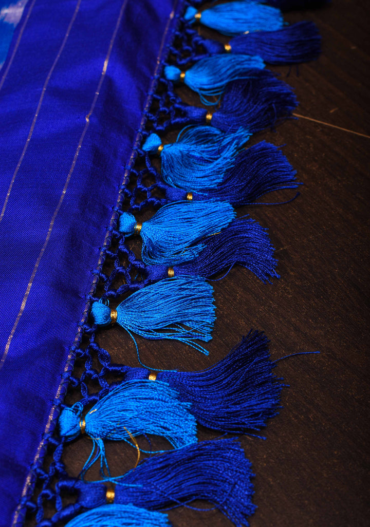 Pre Order : Cobalt Blue Ikkat Pure SIlk Saree with Tissue Zari Border I SILK MARK CERTIFIED