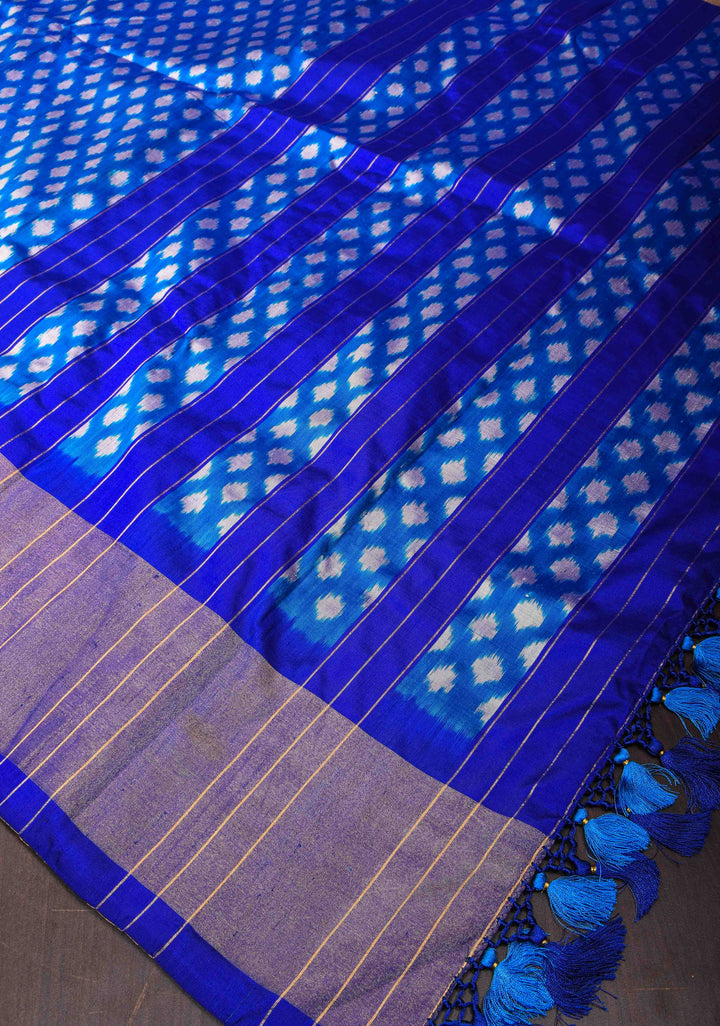 Pre Order : Cobalt Blue Ikkat Pure SIlk Saree with Tissue Zari Border I SILK MARK CERTIFIED