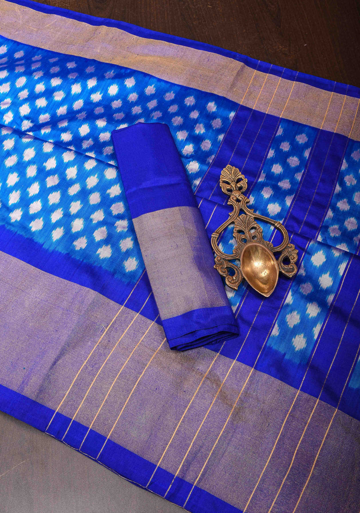 Pre Order : Cobalt Blue Ikkat Pure SIlk Saree with Tissue Zari Border I SILK MARK CERTIFIED