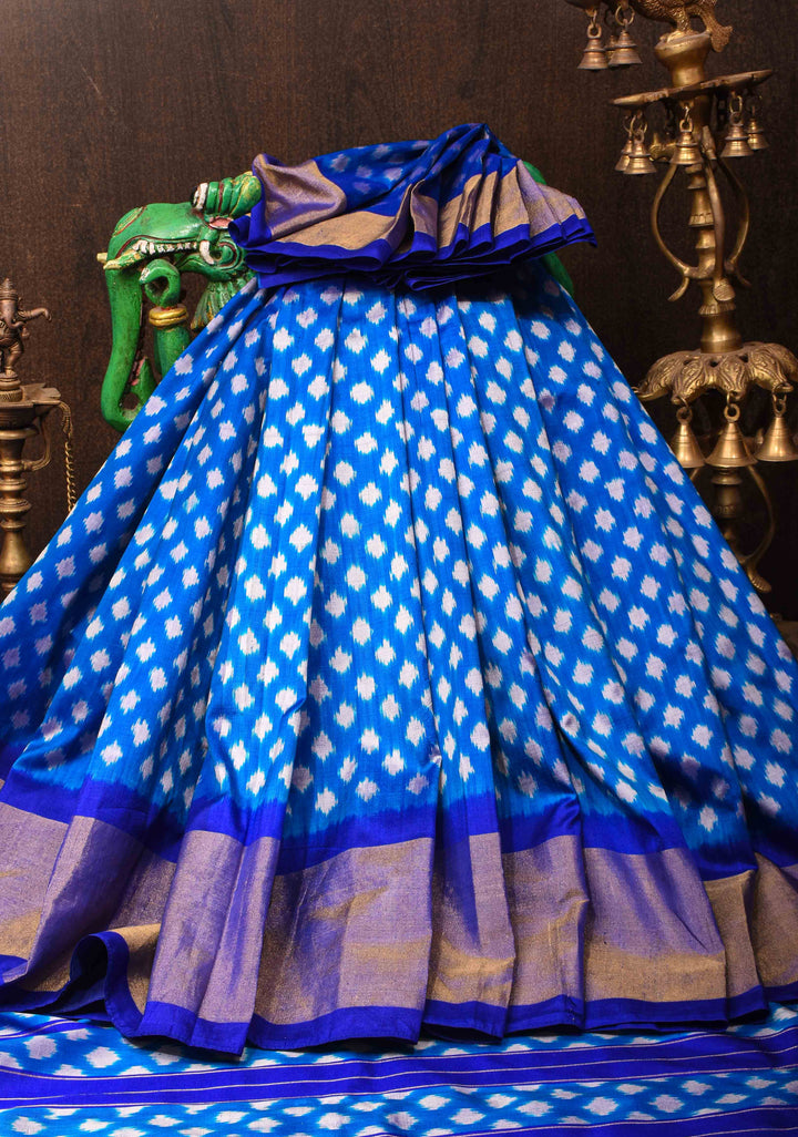 Pre Order : Cobalt Blue Ikkat Pure SIlk Saree with Tissue Zari Border I SILK MARK CERTIFIED