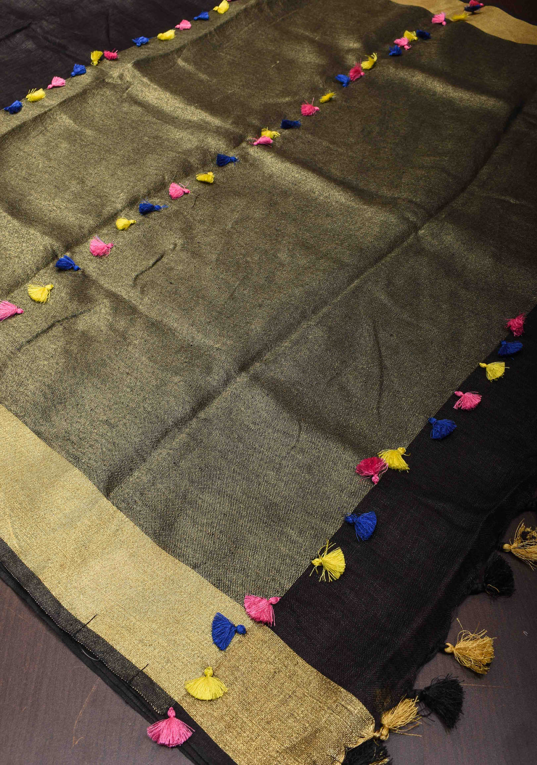 Black Linen Saree with zari border and multicolor Tassel on pallu ( No Blouse Piece )