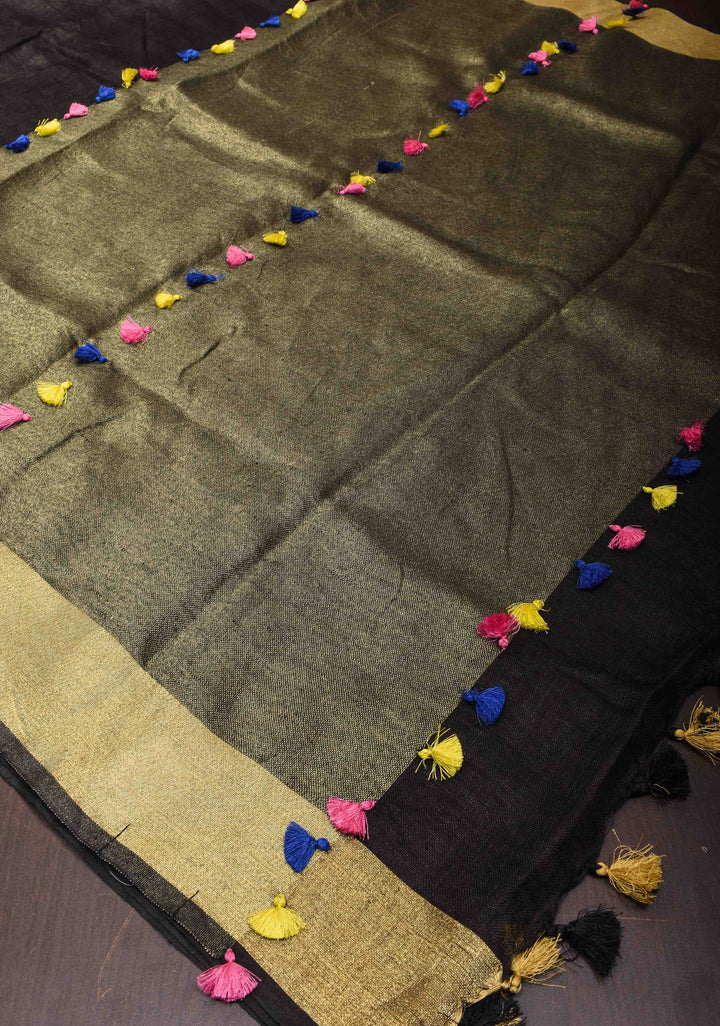 Black Linen Saree with zari border and multicolor Tassel on pallu ( No Blouse Piece )