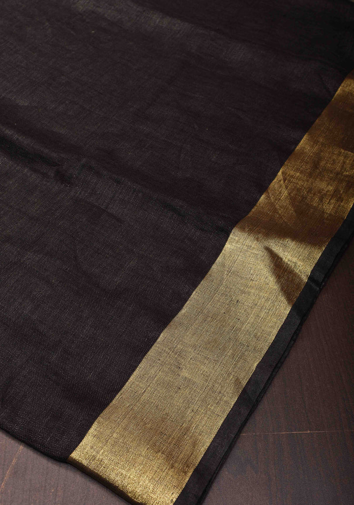 Black Linen Saree with zari border and multicolor Tassel on pallu ( No Blouse Piece )