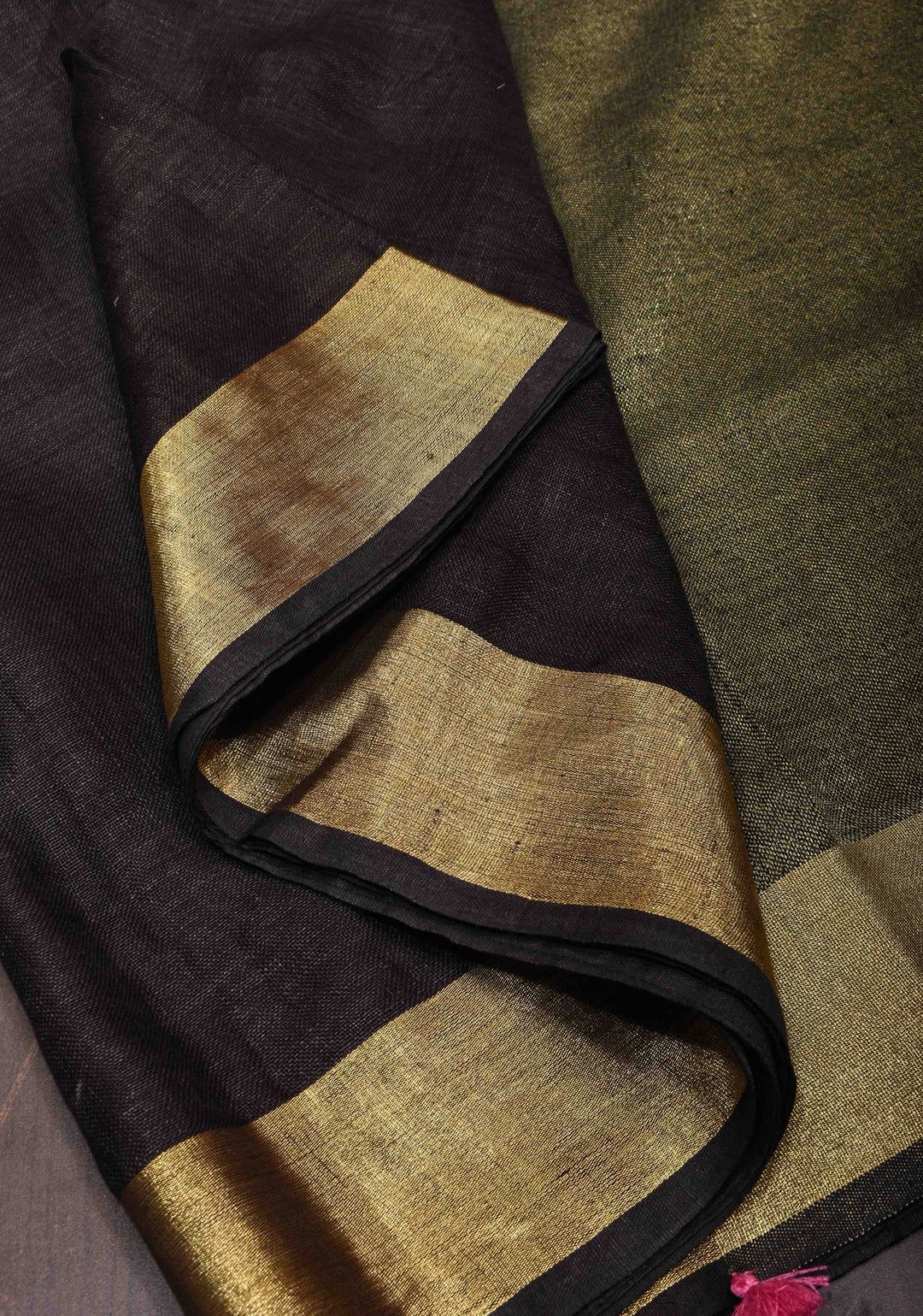 Black Linen Saree with zari border and multicolor Tassel on pallu ( No Blouse Piece )